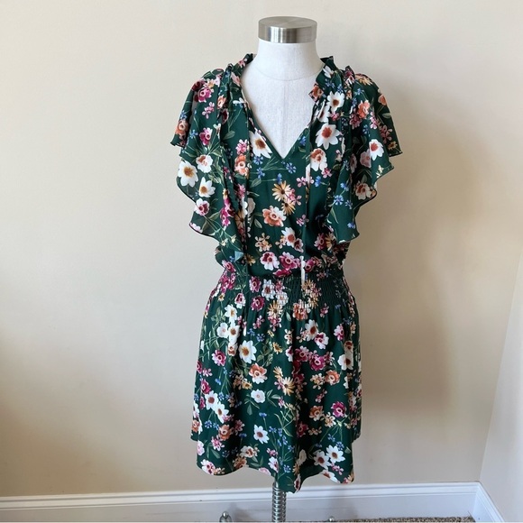 Parker Sloane Ruffle Floral Print Silk Blend Mini Dress Cacti Daisy 13741 - Picture 3 of 13